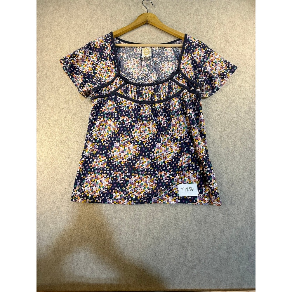 Ric Rac Womens Floral Square Neck Pleated Short Sleeve‎ Top Navy Multi Size L